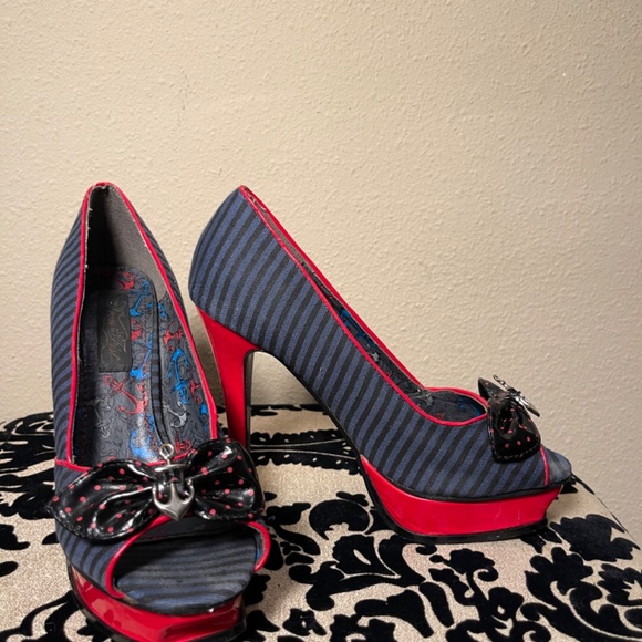 Blue & Red w/ Black Stripes Sailor Pin-up Rockabilly Platform Stiletto Heels - Picture 3 of 6
